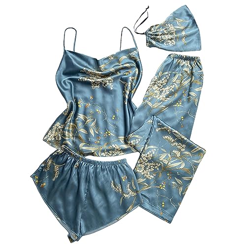 MeiLyviba Pyjama Damen Satin: Damen 4 Stücke Satin Schlafanzug Set Spitze Kimono Robe Pyjama Set Sexy Negligee Shorts Und Lange Hosen Nachthemd 4-Teiliges Set Womens Pajamas von MeiLyviba