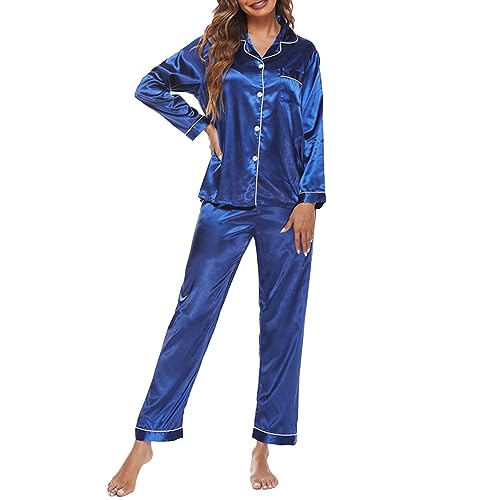 Schlafanzug Damen Set Zweiteiliger Nachtwäsche Langarm Teenager Mädchen Elegant Pijama Pyjama Lang Winter V-Ausschnitt Loungewear Freizeitanzug Mit Taschen Warm Sleepwear Und Karierte Pyjamahose von MeiLyviba