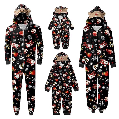 Weihnachten Pyjama Familien Damen Herren Kinder Jumpsuit Kuschelig Hoodie mit Reißverschluss Kapuze Rentier Weihnachts Schlafanzug Set Einteiler Nachtwäsche Overall Hausanzug für die ganze Familie 1 von MeiLyviba