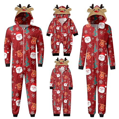 Weihnachten Pyjama Familien Damen Herren Kinder Jumpsuit Kuschelig Hoodie mit Reißverschluss Kapuze Rentier Weihnachts Schlafanzug Set Einteiler Nachtwäsche Overall Hausanzug für die ganze Familie M von MeiLyviba