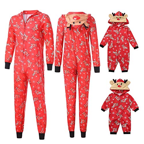 Weihnachten Pyjama Familien Damen Herren Kinder Jumpsuit Kuschelig Hoodie mit Reißverschluss Kapuze Rentier Weihnachts Schlafanzug Set Einteiler Nachtwäsche Overall Hausanzug für die ganze Familie von MeiLyviba