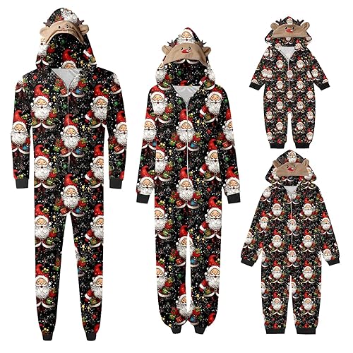 Weihnachten Pyjama Familien Damen Herren Kinder Jumpsuit Kuschelig Hoodie mit Reißverschluss Kapuze Rentier Weihnachts Schlafanzug Set Einteiler Nachtwäsche Overall Hausanzug für die ganze Familie von MeiLyviba