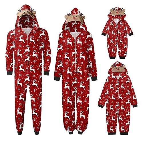 Weihnachten Pyjama Familien Damen Herren Kinder Jumpsuit Kuschelig Hoodie mit Reißverschluss Kapuze Rentier Weihnachts Schlafanzug Set Einteiler Nachtwäsche Overall Hausanzug für die ganze Familie von MeiLyviba