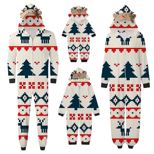 Weihnachten Pyjama Familien Damen Herren Kinder Jumpsuit Kuschelig Hoodie mit Reißverschluss Kapuze Rentier Weihnachts Schlafanzug Set Einteiler Nachtwäsche Overall Hausanzug für die ganze Familie 2 von MeiLyviba