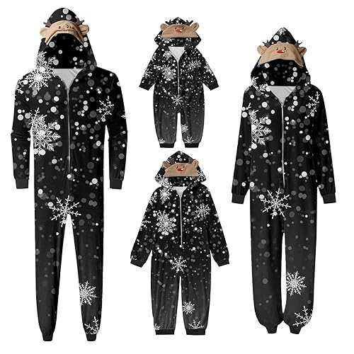 Weihnachten Pyjama Familien Damen Herren Kinder Jumpsuit Kuschelig Hoodie mit Reißverschluss Kapuze Rentier Weihnachts Schlafanzug Set Einteiler Nachtwäsche Overall Hausanzug für die ganze Familie M von MeiLyviba