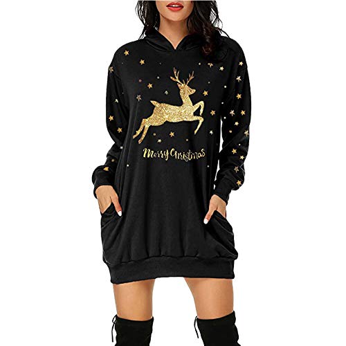 Weihnachtskleid für Damen Langarm Elegant Hoodie Weihnachtspullover Weihnachts Festkleider Partykleid Weihnachtskleidung Vintage Merry Christmas Party Dresses for Women Rentier Print Pulli Kleid von MeiLyviba