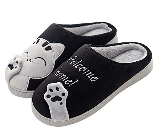 Meik Mangni Damen Hausschuhe Winter Herren Katze Pantoffeln Warme Plüsch Baumwolle Hausschuhe Frauen Bequeme rutschfeste Home Slippers,Schwarz,Gr.38/39 von Meik Mangni