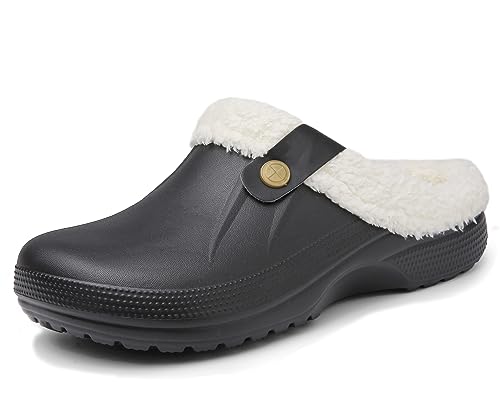 Meik Mangni Clogs Gefüttert Damen Herren Winter Gartenclogs mit Fell Warm Hausschuhe Frauen Geschlossen Pantoffeln rutschfeste Plüsch Pantoletten,Schwarz weiß Gr.39-40 EU von Meik Mangni