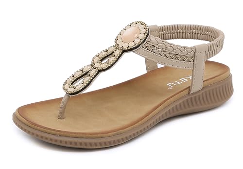 Meik Mangni Damen Sandalen Sommer Bohemian Flache Zehentrenner Strass Sandaletten Strand Schuhe Plattform Flip Flops A Beige Gr.41 von Meik Mangni