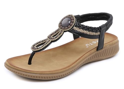 Meik Mangni Damen Sandalen Sommer Bohemian Flache Zehentrenner Strass Sandaletten Strand Schuhe Plattform Flip Flops A Schwarz Gr.39 von Meik Mangni