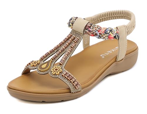 Meik Mangni Damen Sandalen Sommer Bohemian Flache Zehentrenner Strass Sandaletten Strand Schuhe Plattform Flip Flops C Beige Gr.39 von Meik Mangni