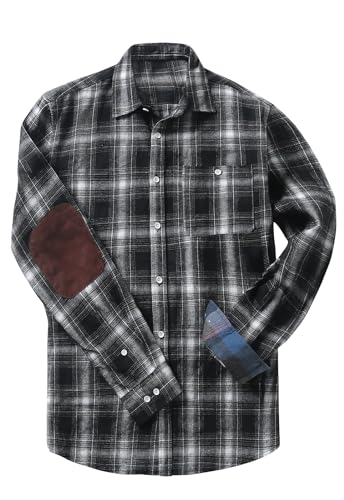 Meilicloth Flanellhemd Kariert Herren Freizeithemd Langarm Casual Button Down Western mit Fronttasche und Ellenbogen Flicken Regular Fit Schwarz 2XL von Meilicloth