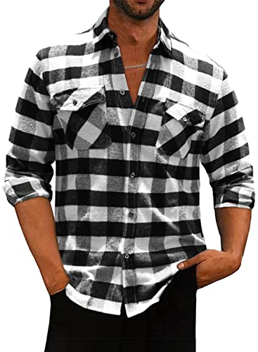 Meilicloth Flanellhemd Kariert Herren Kariertes Freizeithemd Langarm Casual Western Button Down mit Fronttasche Regular Fit Weiß Schwarz M von Meilicloth