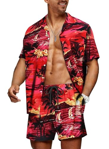 Meilicloth Hawaii Hemd Männer Hawaiihemd Herren Set Flamingo Blumenmuster Floral Kurzarm Sommer Shorts Herren Kurze Hose Herren Rot - Strand S von Meilicloth