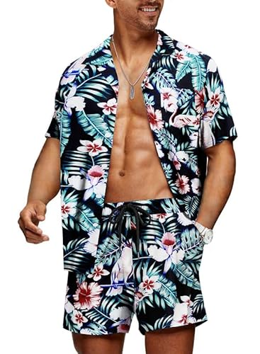 Meilicloth Hawaii Hemd Männer Hawaiihemd Herren Set Flamingo Blumenmuster Floral Kurzarm Sommer Shorts Herren Kurze Hose Herren Schwarz - Flamingo M von Meilicloth