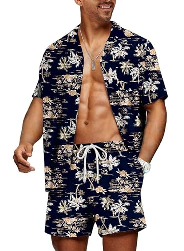 Meilicloth Hawaii Hemd Männer Hawaiihemd Herren Set Flamingo Blumenmuster Floral Kurzarm Sommer Shorts Herren Kurze Hose Herren Schwarz L von Meilicloth