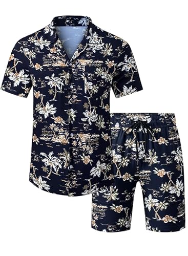 Meilicloth Hawaii Hemd Männer Hawaiihemd Herren Set Flamingo Blumenmuster Floral Kurzarm Sommer Shorts Herren Kurze Hose Herren Schwarz M von Meilicloth