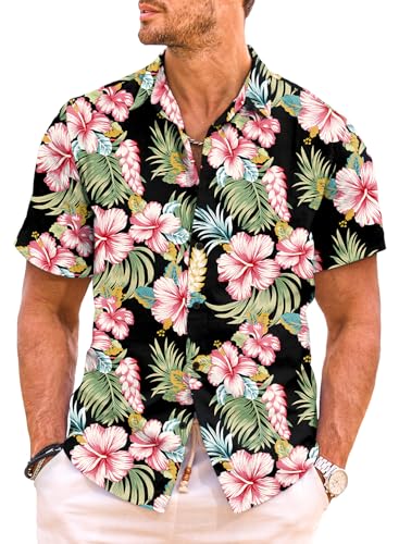 Meilicloth Hawaii Hemd Männer Hawaiihemd Herren Strandhemd Kurzarm Sommerhemd Funky Casual Flamingo Floral Bedruckter Urlaub Shirt Herren Hawaii Shirt Sommer Schwarz-1 3XL von Meilicloth