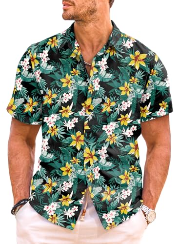 Meilicloth Hawaii Hemd Männer Strandhemd Kurzarm Herren Hawaiihemd Sommerhemd Funky Flamingo Floral Bedruckter Urlaub Hawaii Shirt Herren Freizeithemd Sommer Schwarz-2 L von Meilicloth