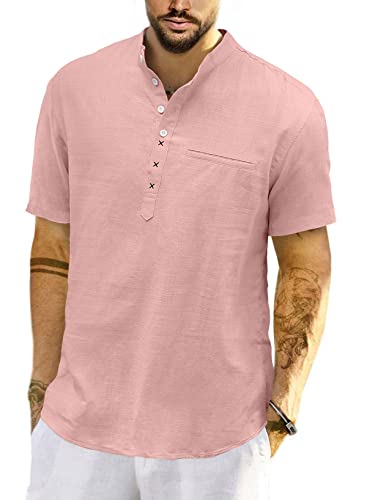 Meilicloth Herren Baumwolle Leinenhemd Herren Hemd Kurzarm Henley Sommerhemd Regular Fit Freizeithemd Casual mit Taschen Rosa XL von Meilicloth