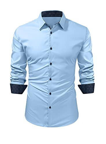 Meilicloth Hemden Herren Langarm Businesshemden Freizeithemden für Herren Slim Fit Unifarben Elastiscer Herrenhemden Casual Klassischer Kragen Button Down Blaues Smoking Frackhemden Männer von Meilicloth