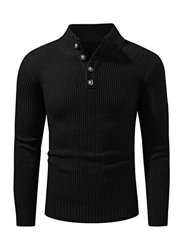 Meilicloth Herren Rollkragen Pullover Strickpullover Sweater Rollkragen Freizeit Slim fit Basic Männer Pullover 1/4 Knopf Schwarz M von Meilicloth