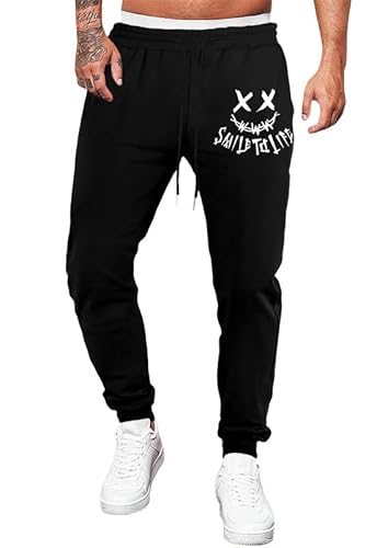 Meilicloth Hose Herren Jogginghose Männer Freizeithose Baumwolle Lang mit Kordelzug-Aufdruck Sweatpants Herren mit Taschen Regular Fit A Schwarz M von Meilicloth