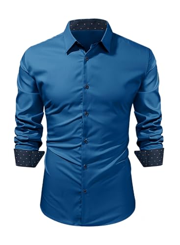 Meilicloth Trachtenhemd Herren Business Hemd Langarm Freizeithemd Businesshemd Slim Fit Langarmhemd Formales Bügelfreies Hemden Hochzeit Work Party Button Down Hemden Kariertes Preußisch Blau L von Meilicloth