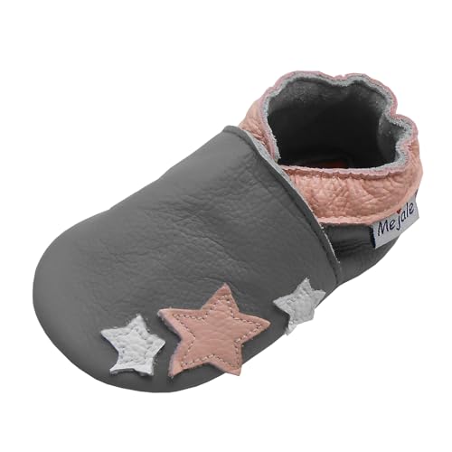 Mejale Baby Krabbelschuhe Jungen Mädchen Weiche Leder Kleinkind Babyhausschuhe Rutschfesten Gummisohlen(Hellgraue Rosa Sterne,18-24 Monat,XL) von Mejale