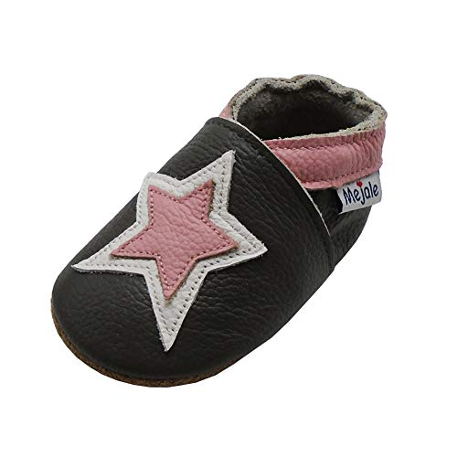 Mejale Leder Babyschuhe Lauflernschuhe Krabbelschuhe Kleinkind Kinderschuhe Hausschuhe (6-12 Monate/5.1 Zoll, Dunkelgrau, Rosa Stern,M) von Mejale