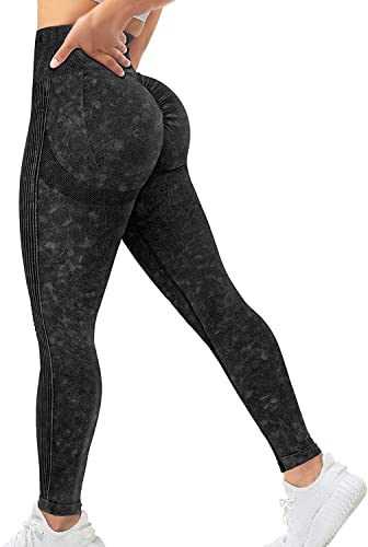 Memoryee Scrunch Butt Sport Leggings Damen Geraffte Hintern Heben Hohe Taille Bauchkontrolle Blickdicht Yogahose Fitnesshose/B-Washed Black/M von Memoryee