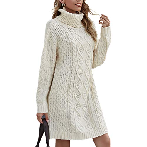 Mengyu Damen Strickkleid Elegante Lang Pulloverkleider Winterkleid mit Rollkragen Langarm Strickpullover für Herbst, Winter und Frühling (Cremeweiß, XL) von Mengyu