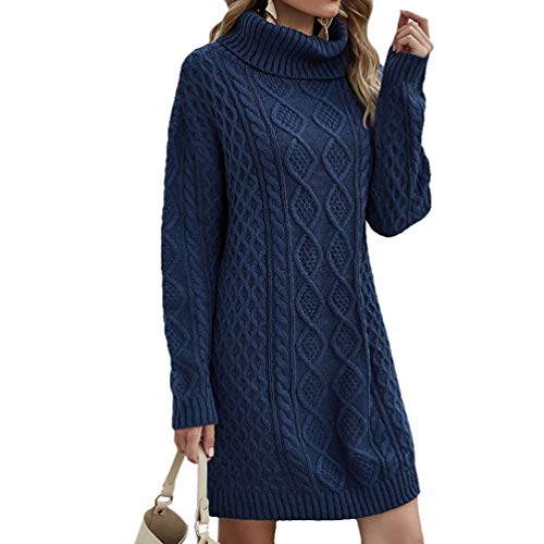 Mengyu Damen Strickkleid Elegante Lang Pulloverkleider Winterkleid mit Rollkragen Langarm Strickpullover für Herbst, Winter und Frühling (Marine, S) von Mengyu