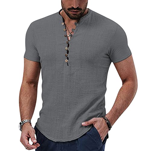 Herren Leinenhemd Baumwolle Henley Shirt Hemd Kurzarm Sommer Freizeithemd Regular Fit Männer Tops von Menore