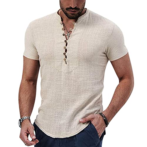 Herren Leinenhemd Baumwolle Henley Shirt Hemd Kurzarm Sommer Freizeithemd Regular Fit Männer Tops von Menore