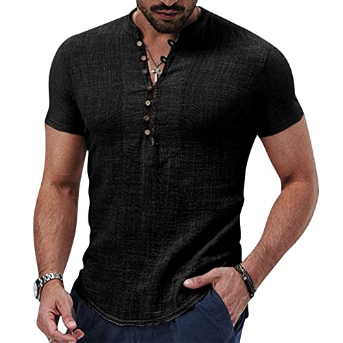 Herren Leinenhemd Baumwolle Henley Shirt Hemd Kurzarm Sommer Freizeithemd Regular Fit Männer Tops von Menore