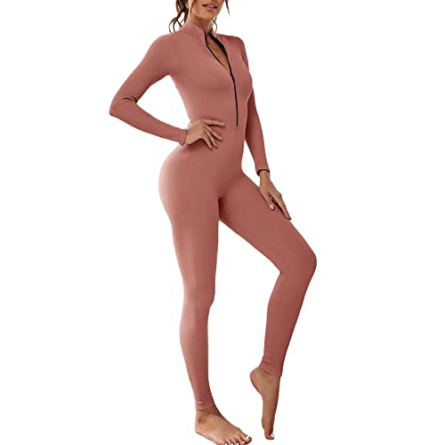 Menore Damen Jumpsuit Eng mit Reißverschluss Body Outfits Playsuit Langarm Bodycon Sportanzug Slim Yoga Fitness Jogginganzug von Menore