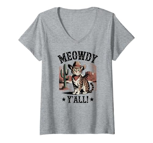 Damen Meowdy You All Whiskers In The Wind Vintage Cowboy Herren T-Shirt mit V-Ausschnitt Damen Meowdy You All Whiskers In The Wind Vintage Cowboy Herren T-Shirt mit V-Ausschnitt von Meowdy Y'all Cowboy Katze Meme Western Land