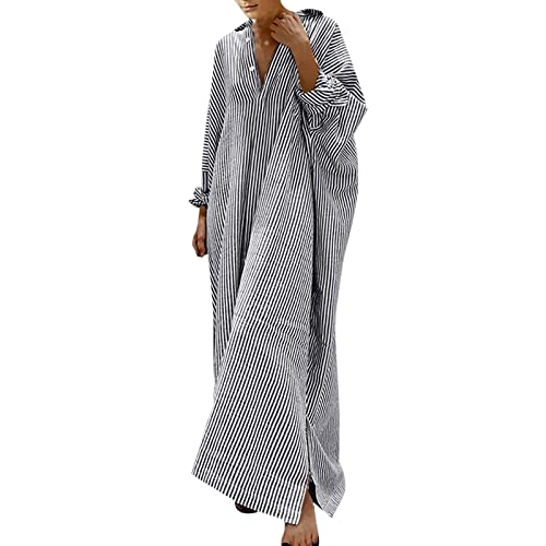 Jeanskleid, Hemdkleid, Baumwolle und Leinen, gestreift, für Damen, lässiges Maxi-Kleid, Schwarz, XXL Jeanskleid, Hemdkleid, Baumwolle und Leinen, gestreift, für Damen, lässiges Maxi-Kleid, Schwarz, XXL von Mercatoo