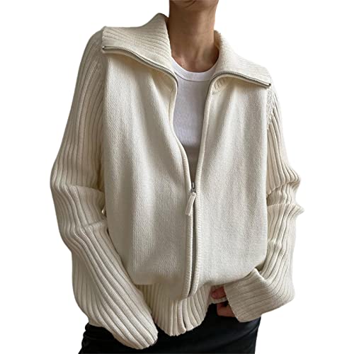 Merfrede Damen Lässiger Reißverschluss Langarm Strickpullover Einfarbig Lose Dehnbar Häkeln Rollkragen Cardigan Ästhetische Strickwaren, weiß, M von Merfrede