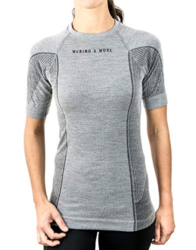 Merino & More Merino Shirt Damen - Premium Funktionsunterwäsche aus hochwertiger Merinowolle - Sport - Funktionsshirt - Kurzarm hellgrau Gr. M von Merino & More