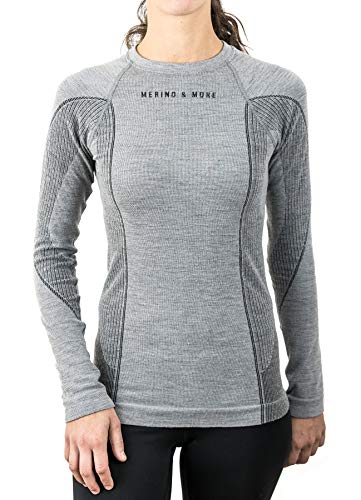 Merino & More Merino Shirt Damen Langarm - Premium Funktionsunterwäsche aus Merinowolle - Sport - Langarm - Funktionsunterhemd schwarz-grau Gr. M von Merino & More