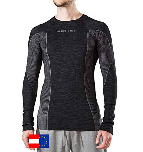 Merino & More Merino Shirt Herren Langarm - Premium Funktionsunterwäsche aus Merinowolle - Sport - Langarm - Funktionsunterhemd schwarz-grau Gr. L von Merino & More