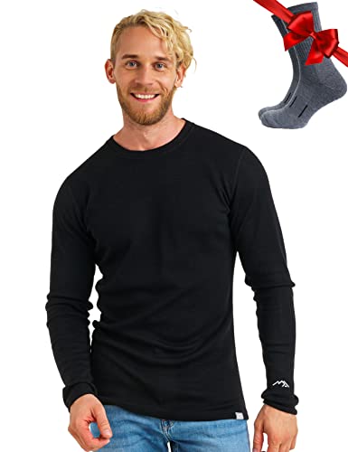 100% Merino Unterwäsche Herren - Merino Langarmshirt Herren Atmungsaktiv Und Feuchtigkeitsableitend Schwer + Wollsocken (XXX-Large, 320 Black) von Merino.tech