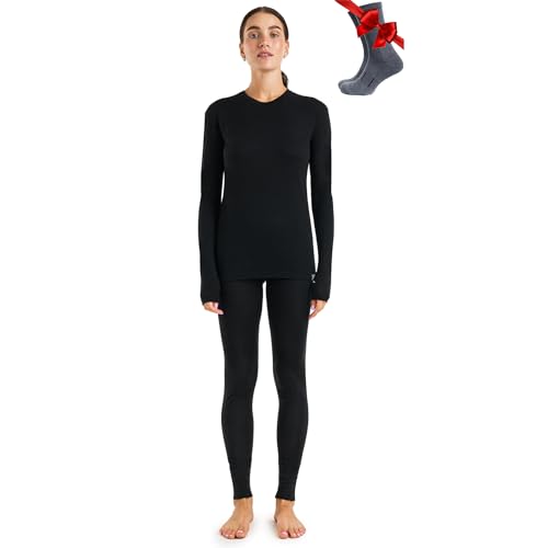 Merino.tech 100% Merino Unterwäsche Damen Set - Leicht Funktionsunterwäsche Merinowolle, Langarm Shirt und Hose + Wandersocken aus Merinowolle (Large, 165 LITE Black) von Merino.tech