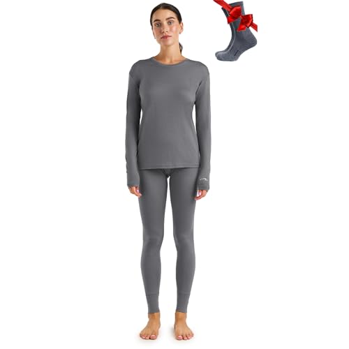 Merino.tech 100% Merino Unterwäsche Damen Set - Leicht Funktionsunterwäsche Merinowolle, Langarm Shirt und Hose + Wandersocken aus Merinowolle (X-Small, 165 LITE Perfect Grey) von Merino.tech