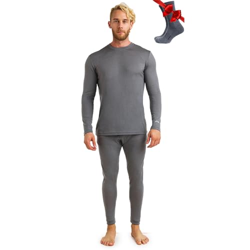 Merino.tech 100% Merino Unterwäsche Herren Set - Leicht Thermounterwäsche Merinowolle, Langarm Shirt und Hose + Wandersocken aus Merinowolle (Large, 165 LITE Perfect Grey) von Merino.tech