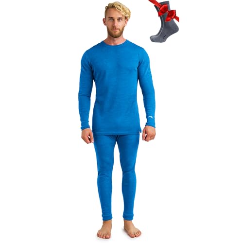 Merino.tech 100% Merino Unterwäsche Herren Set - Schwergewicht Thermounterwäsche Merinowolle, Langarm Shirt und Hose + Wandersocken aus Merinowolle (Large, 320 Ocean Blue) von Merino.tech