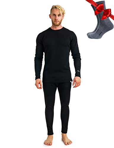 Merino.tech 100% Merino Unterwäsche Herren Set - Schwergewicht Thermounterwäsche Merinowolle, Langarm Shirt und Hose + Wandersocken aus Merinowolle (XXX-Large, 320 Black) von Merino.tech