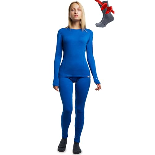 Merino.tech Merino Baselayer Set für Damen - Mittelschwere Thermo-Unterwäsche aus Merinowolle für Damen Oben und Unten (Small, 250 Cobalt Blue) von Merino.tech